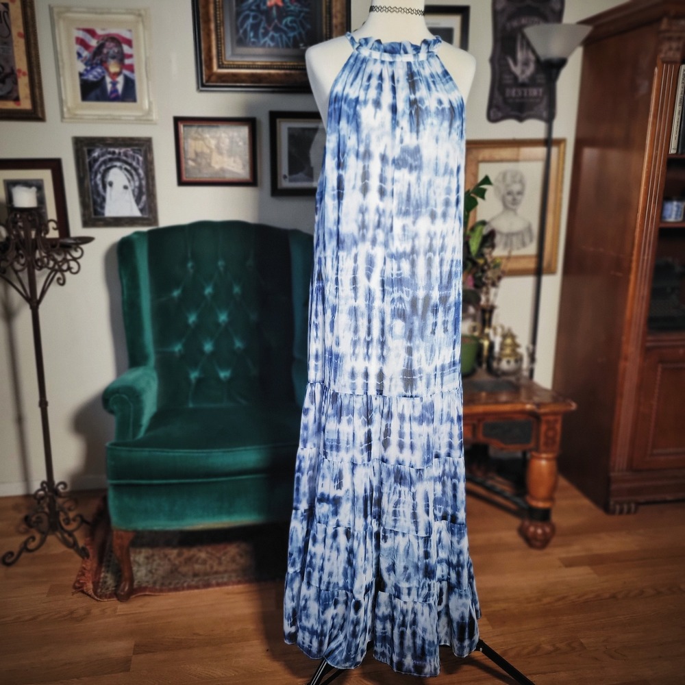 Lauren Ralph Lauren Maxi Dress Blue‎ Tie Dye Halter Tiered Chiffon Gown 8 NWT